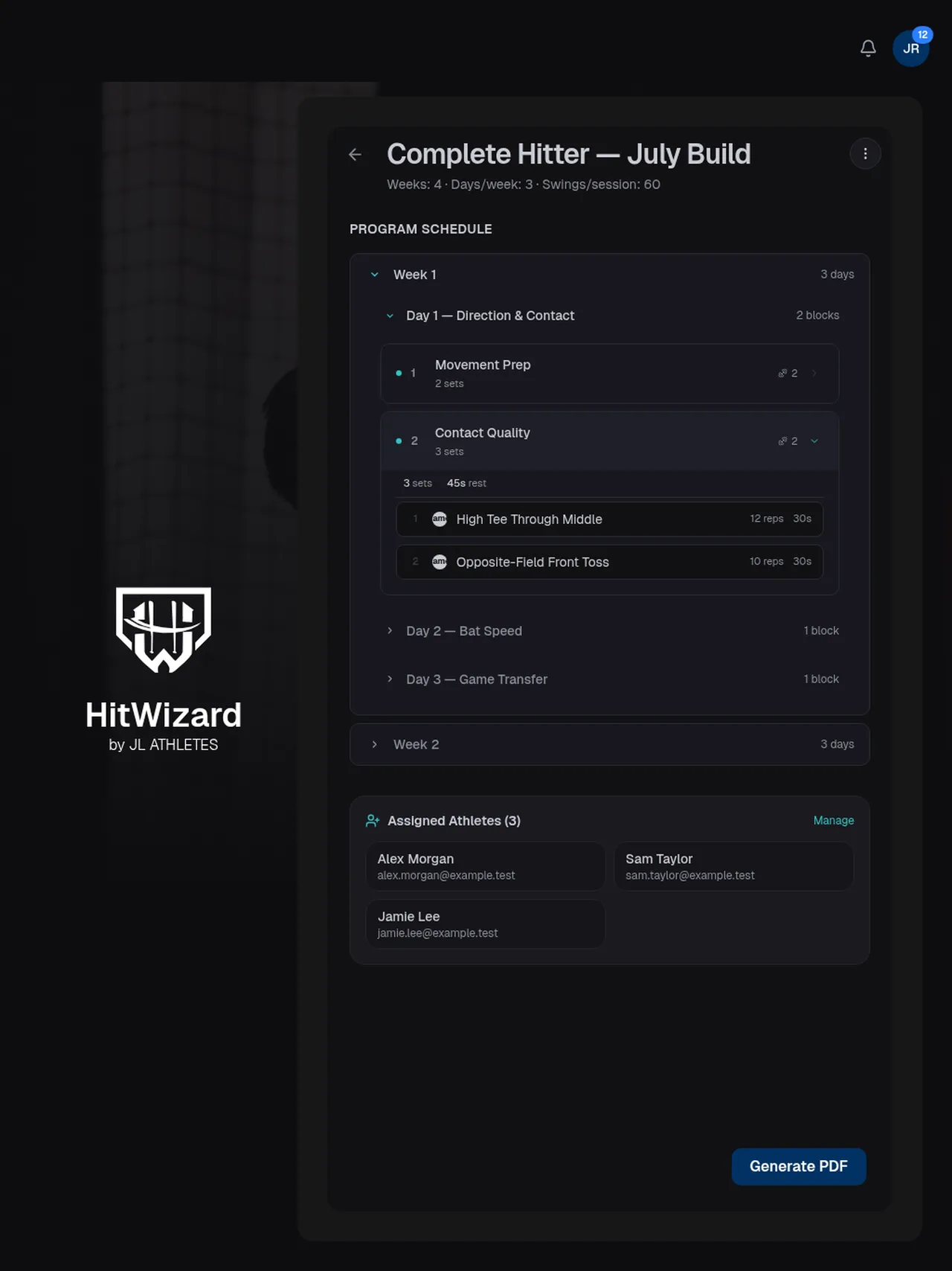 HitWizard program builder showing the Complete Hitter July Build schedule and assigned athletes